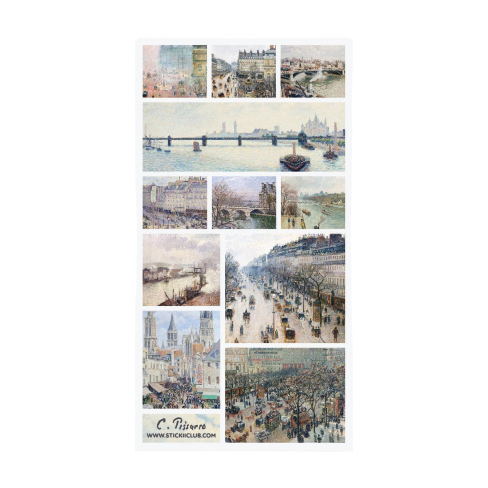 Collage of cityscapes by C. Pissarro on a white background