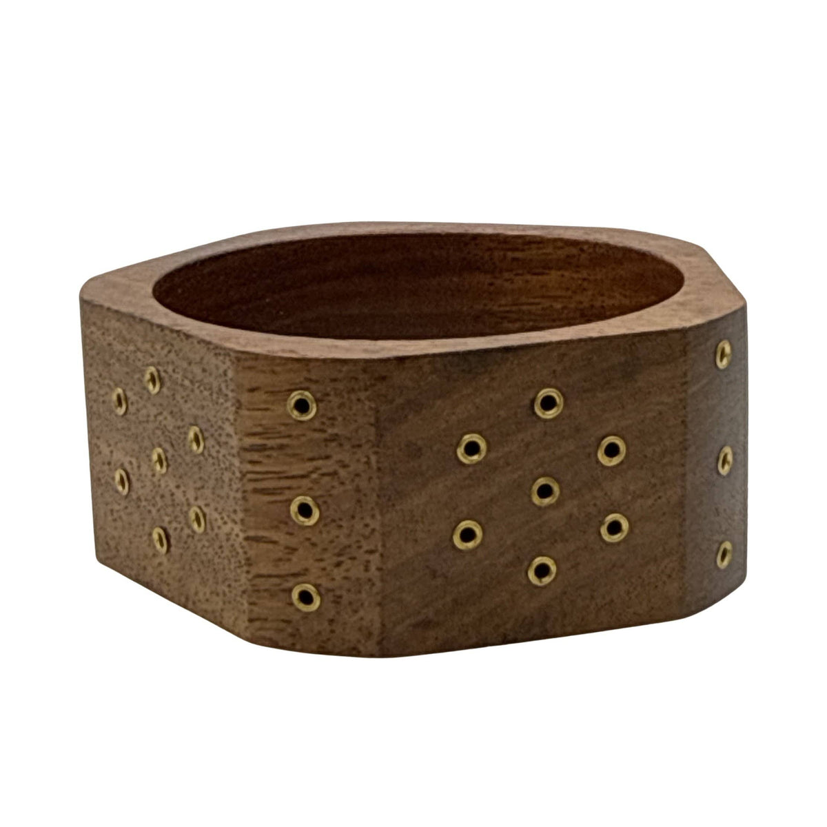 Geometric Hexagon Shape Brass Studded Natural Wood Bangle