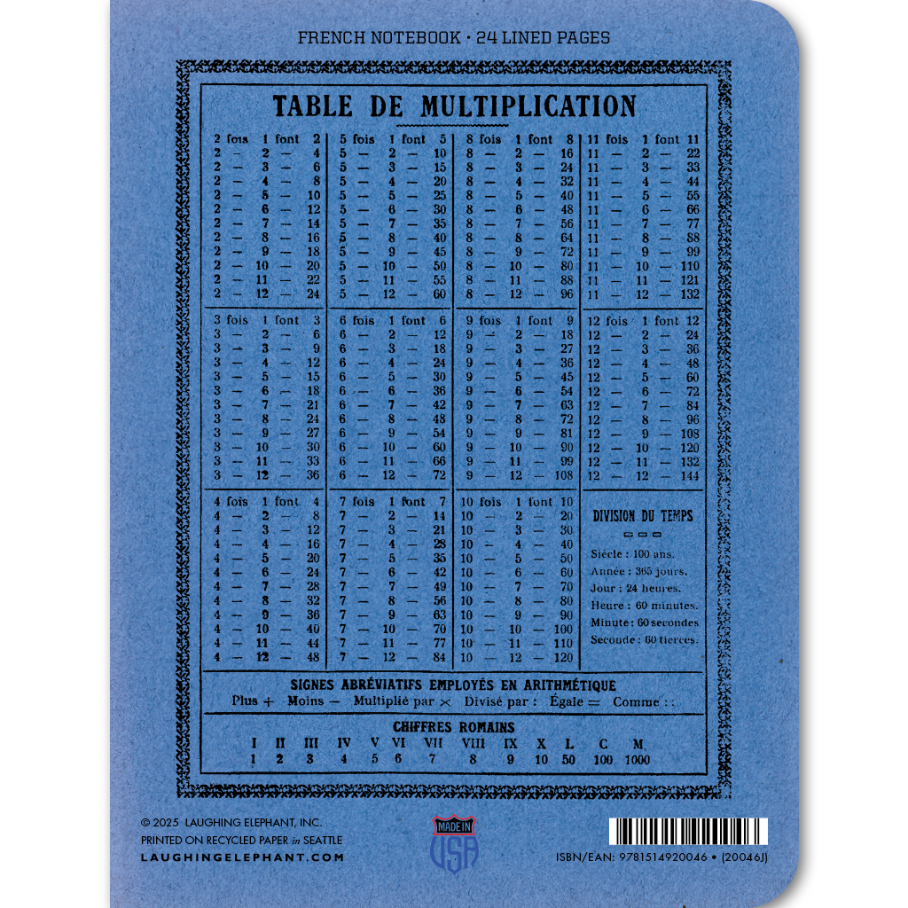 Blue notebook with multiplication table on a white background