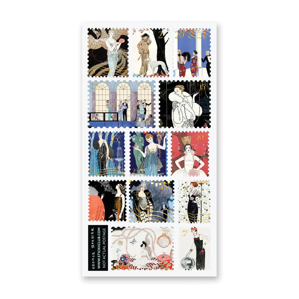 Collection of stylized postage stamps with artistic illustrations on a white background
