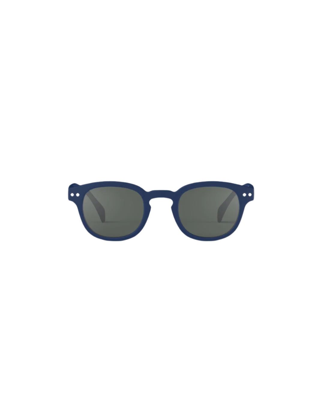 Blue sunglasses with dark lenses on a white background