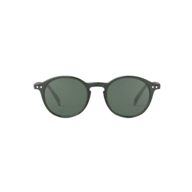 Round sunglasses with dark green lenses on a white background
