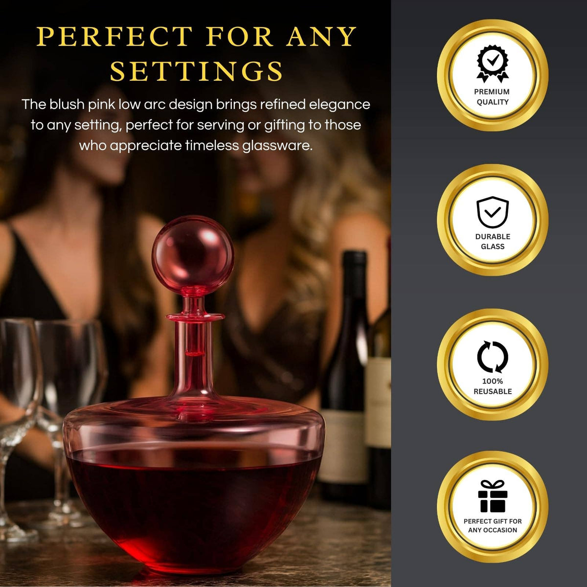 Blush Pink Low Arc Glass Wine Decanter Handblown