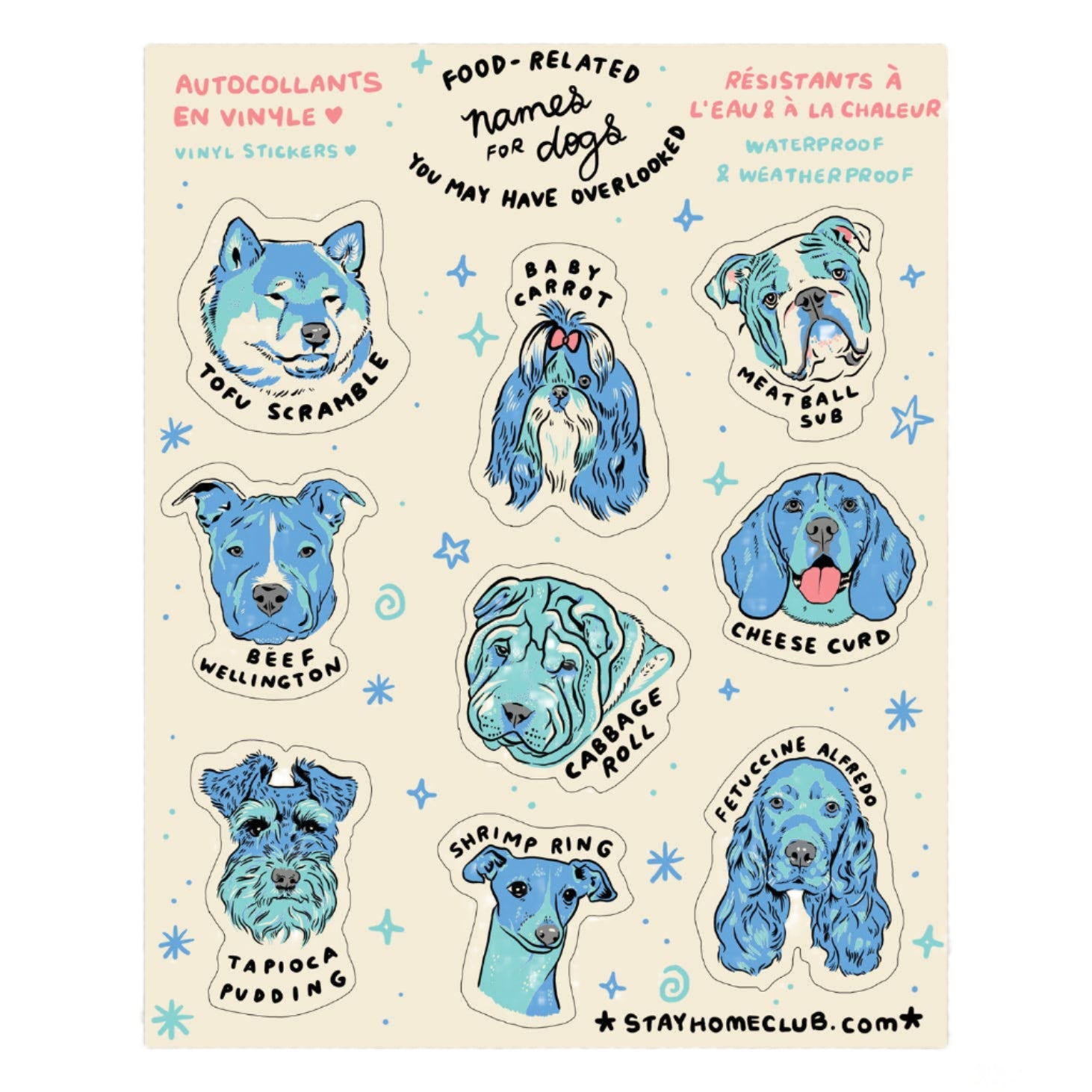 Sheet of vinyl stickers with blue dog illustrations and humorous names on a light background.