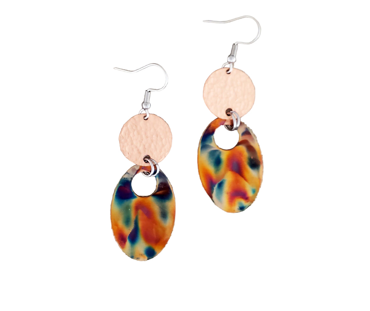 Flame Paint &amp; Hammered Copper Oval Connector Earrings
