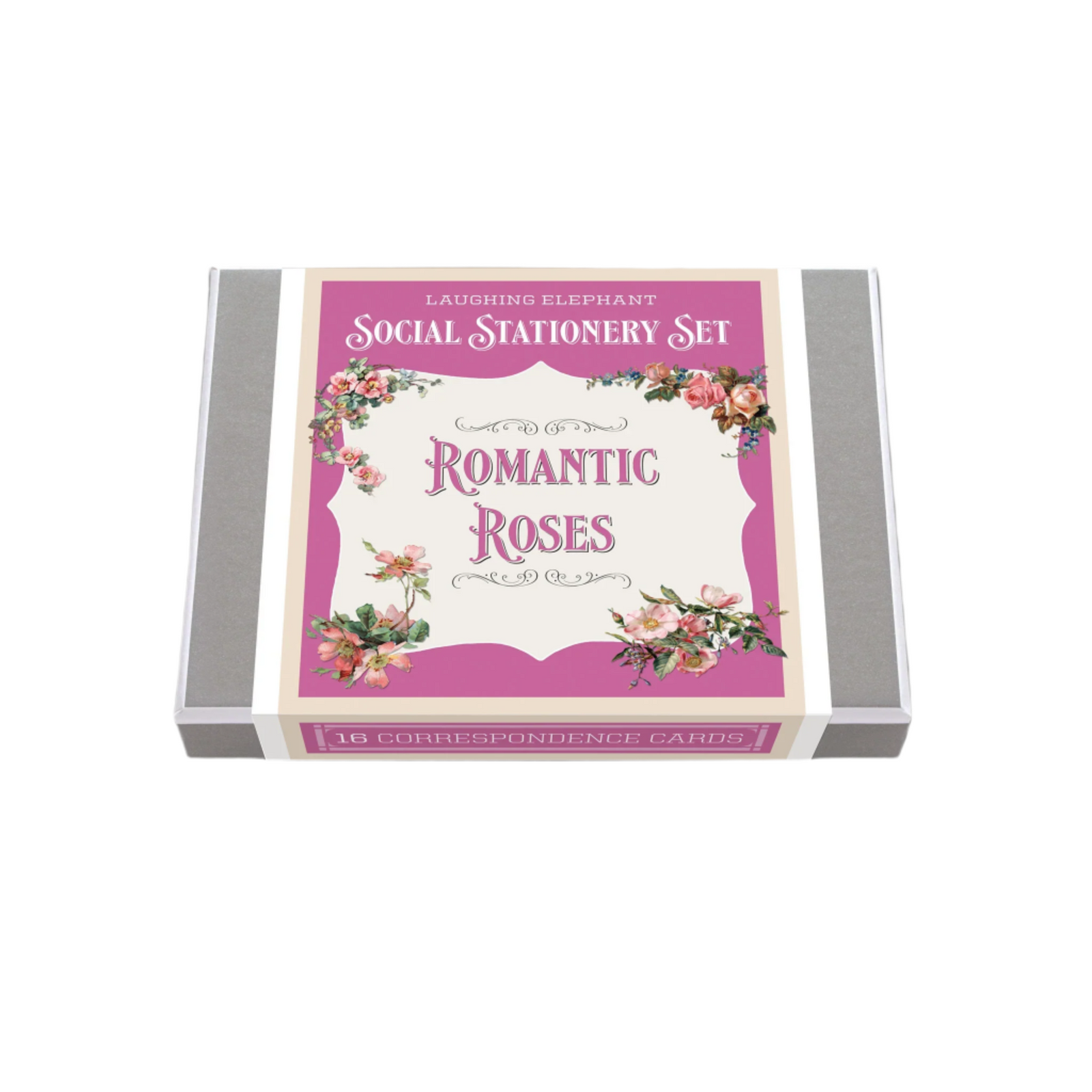 Box of 'Romantic Roses' social stationery set on a light gray background