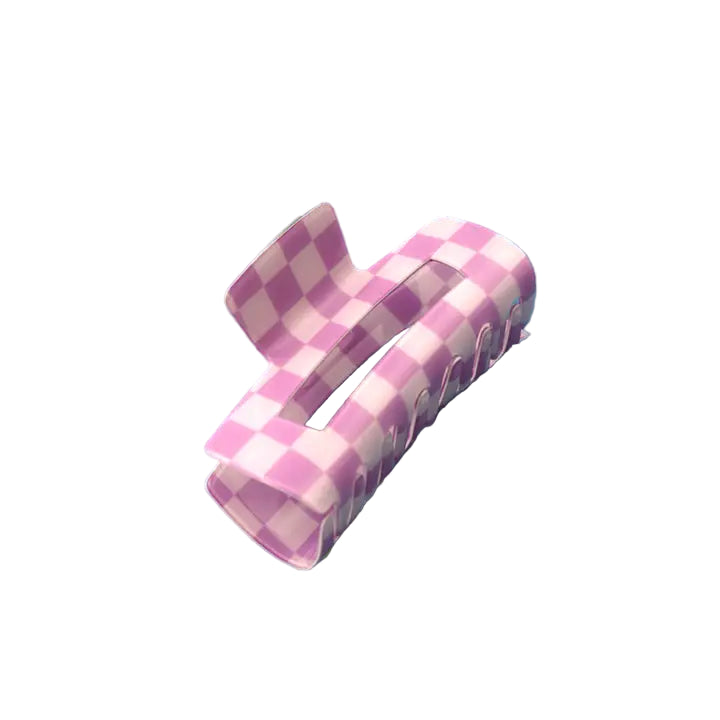 purple and white checkered hair clip