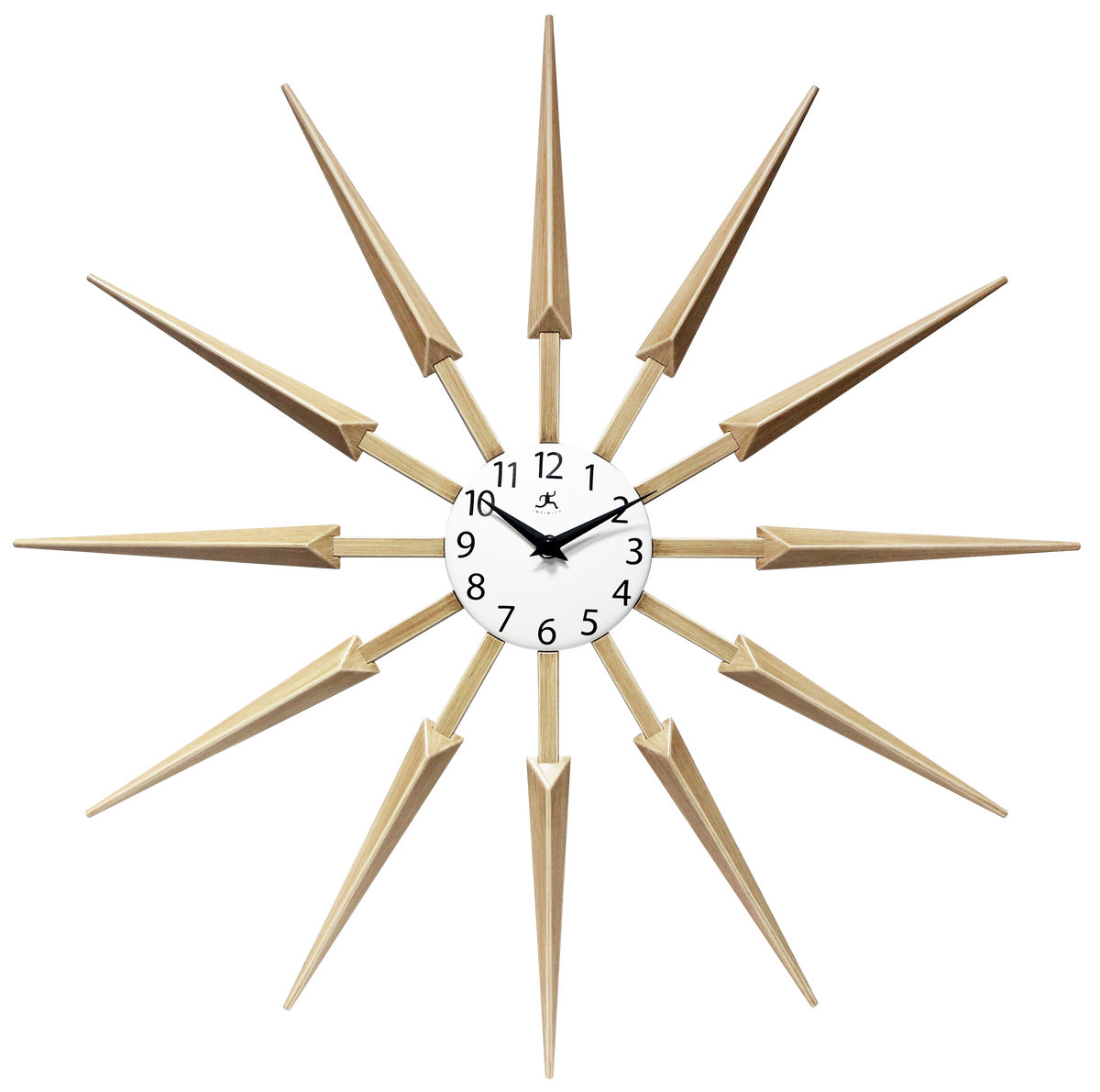 Decorative wall clock with gold spike-like arms on a white background