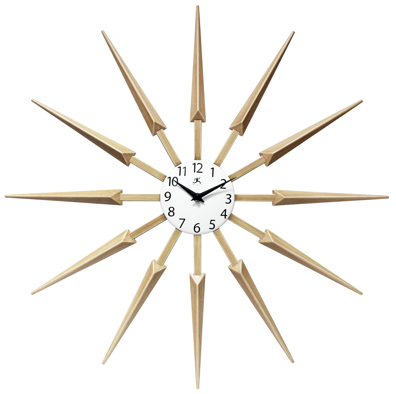 Decorative wall clock with gold spike-like arms on a white background