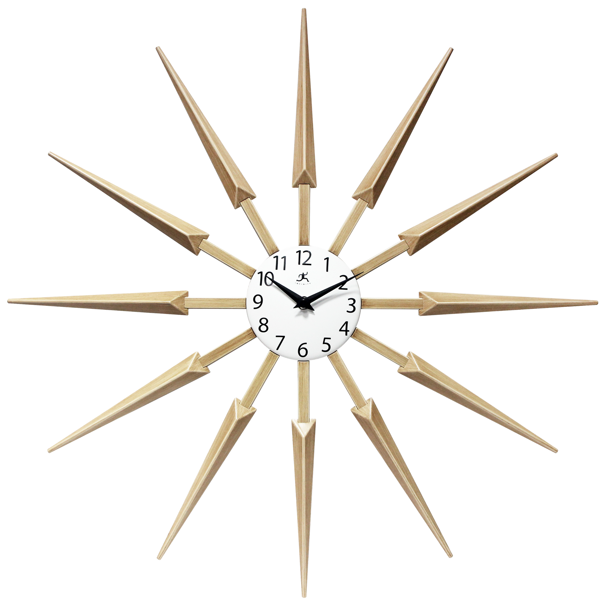 Decorative wall clock with gold spike-like arms on a white background