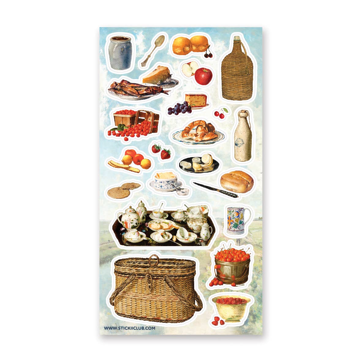 Sheet of picnic-themed stickers with food and basket design on a white background