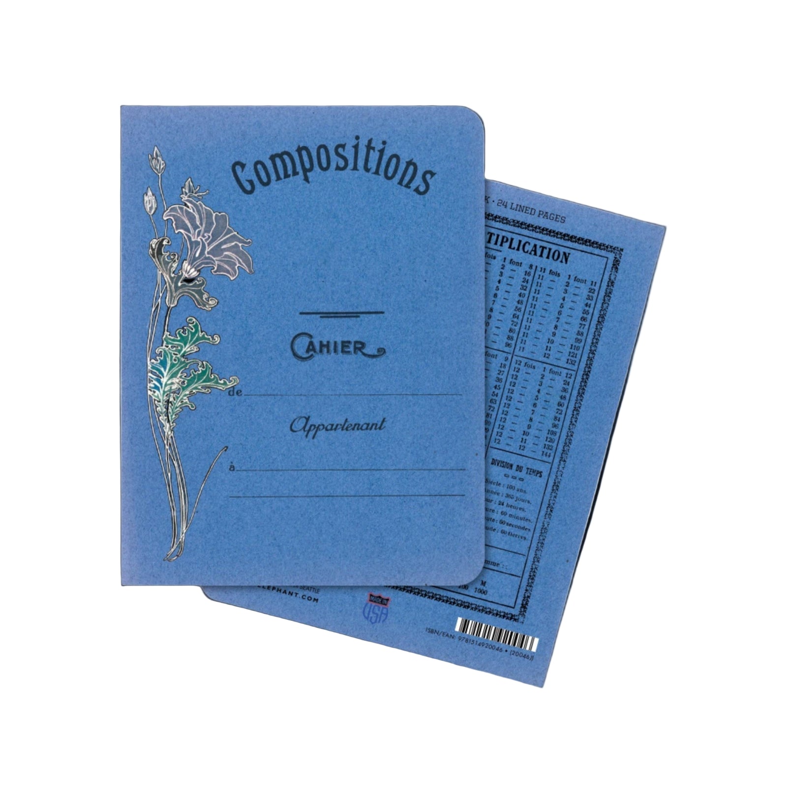 Blue notebook with floral design on a light gray background