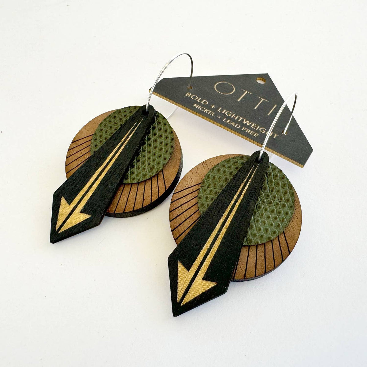 Architectural Leather + Birch earring: Arrow Walnut Olive