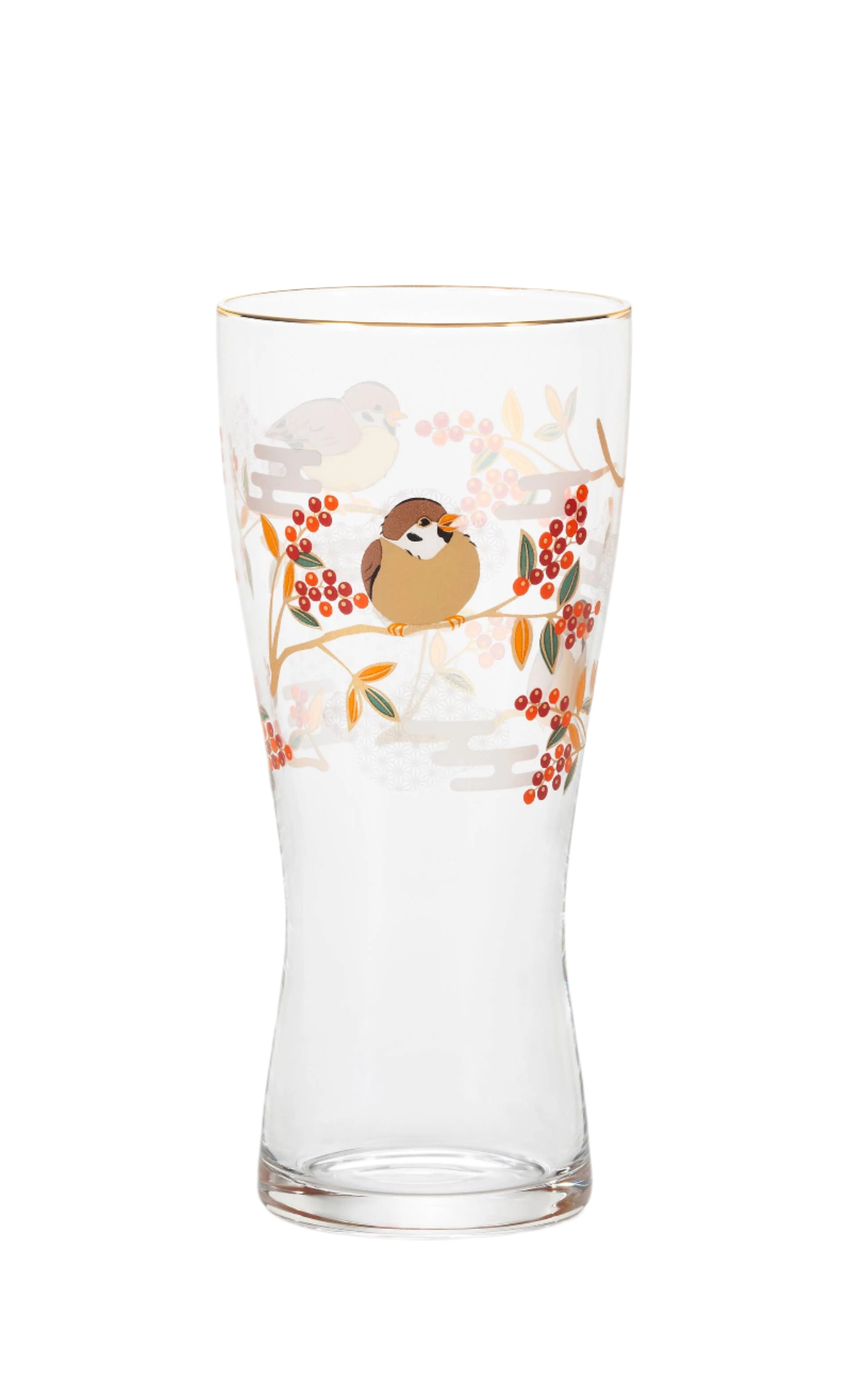 Clear glass with bird and berry design on a white background