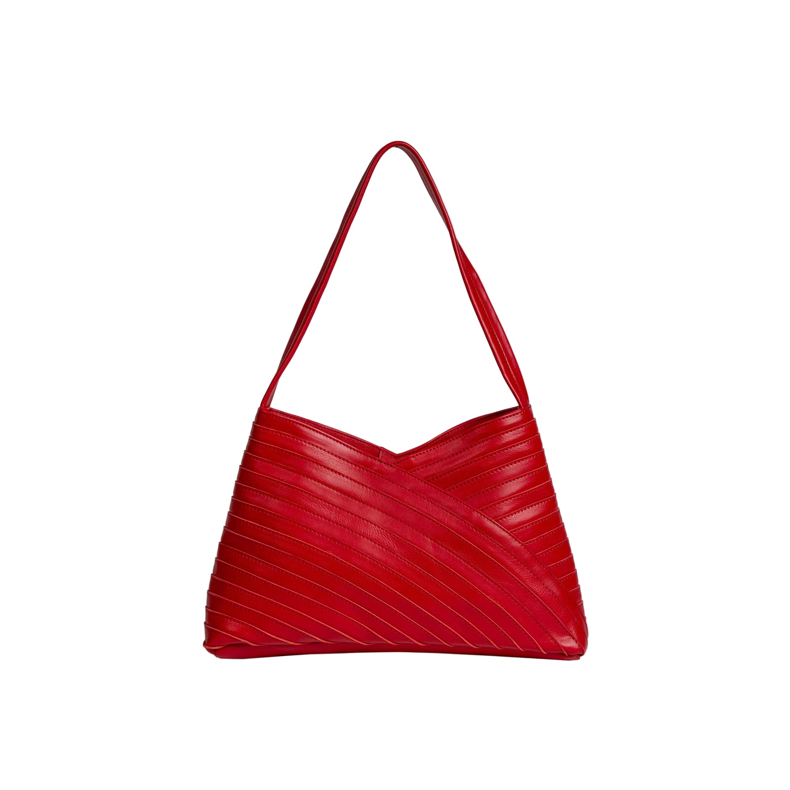 Red handbag with a textured pattern on a white background
