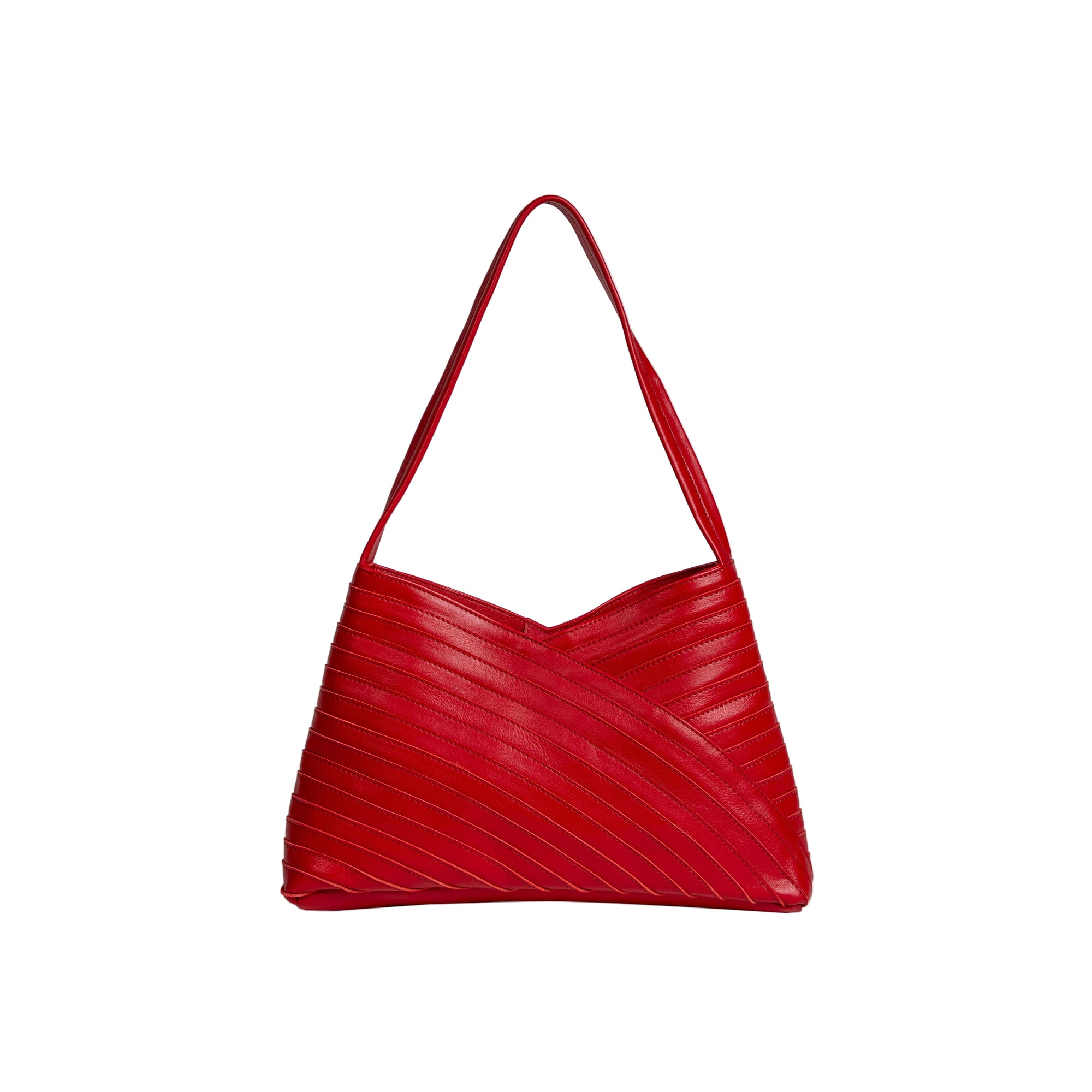 Red handbag with a textured pattern on a white background