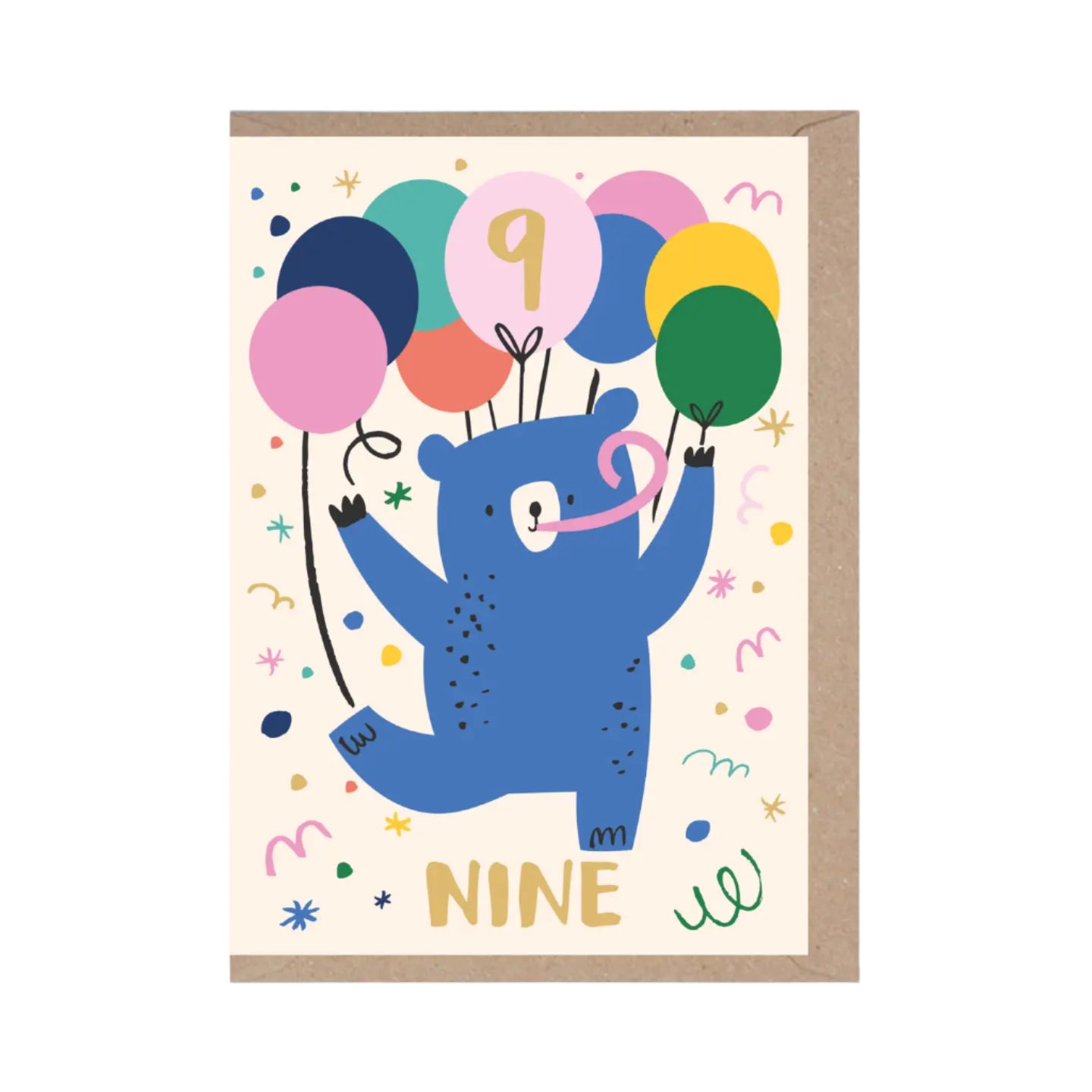 Children's birthday card with a blue bear holding balloons and the number '9'.