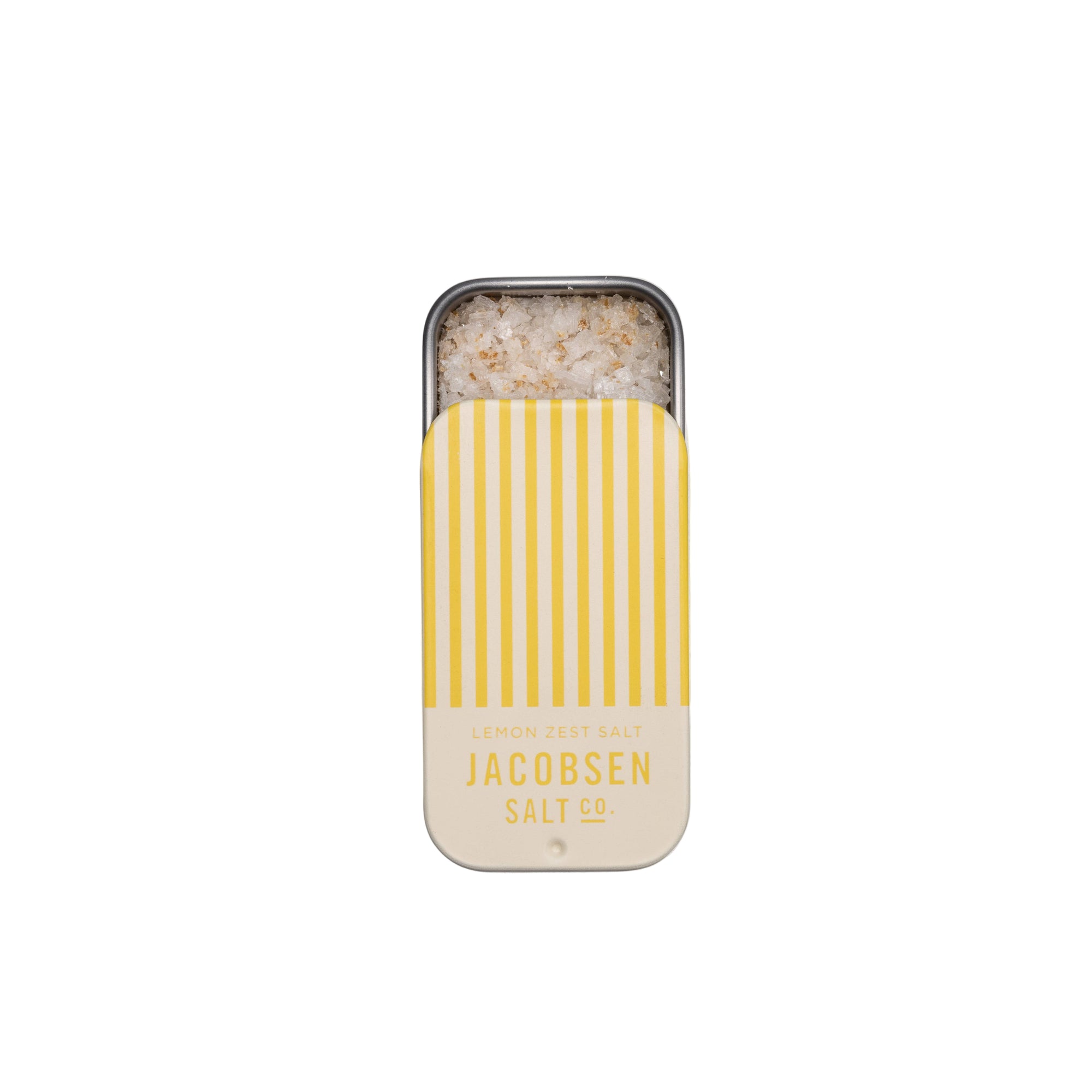 Small container of salt with yellow striped lid on a white background