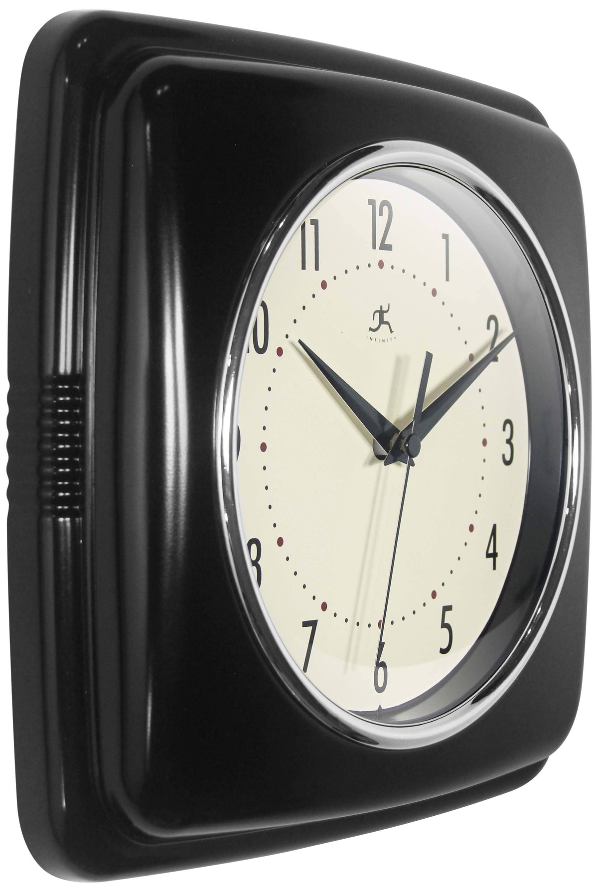 Black wall clock with a white face on a white background