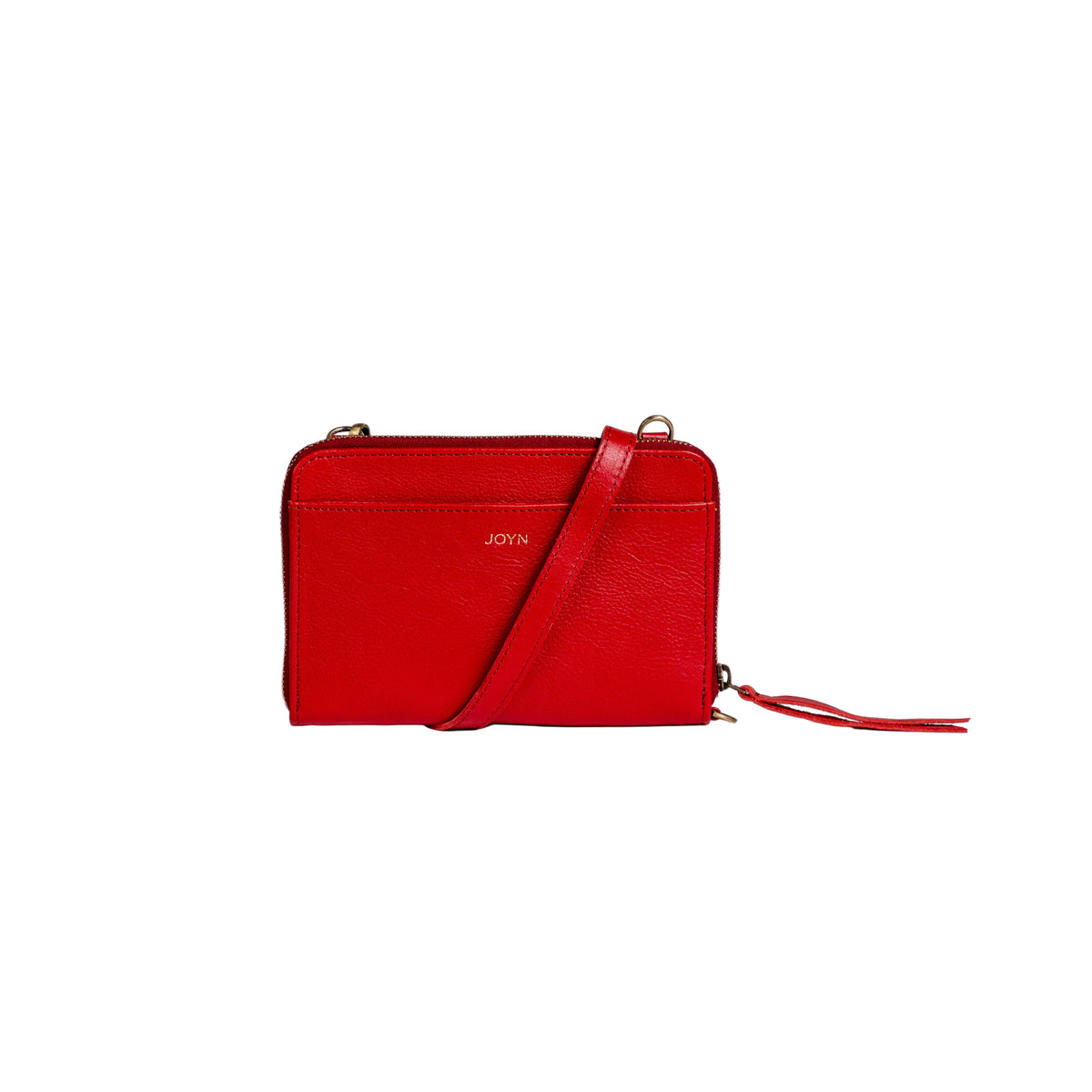Red handbag with a strap on a white background