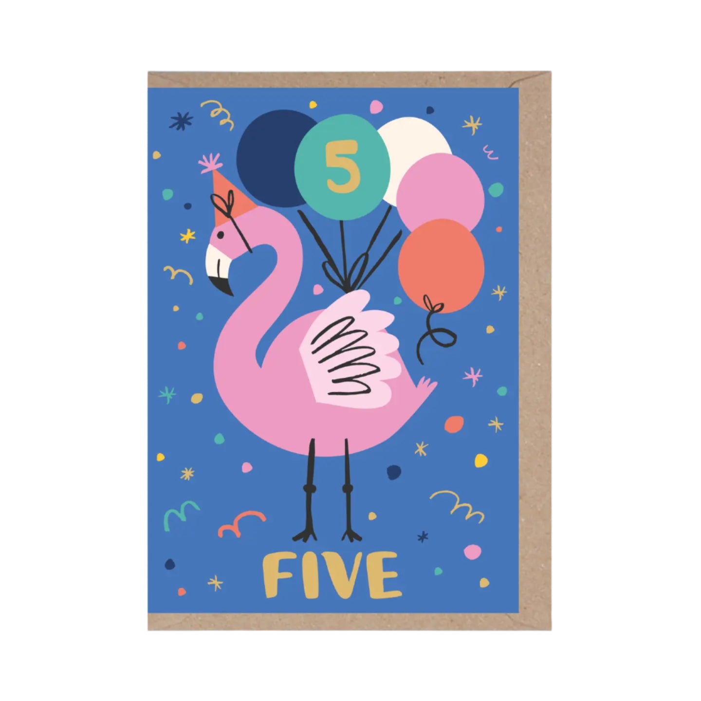 Children's birthday card with a pink flamingo and balloons on a blue background