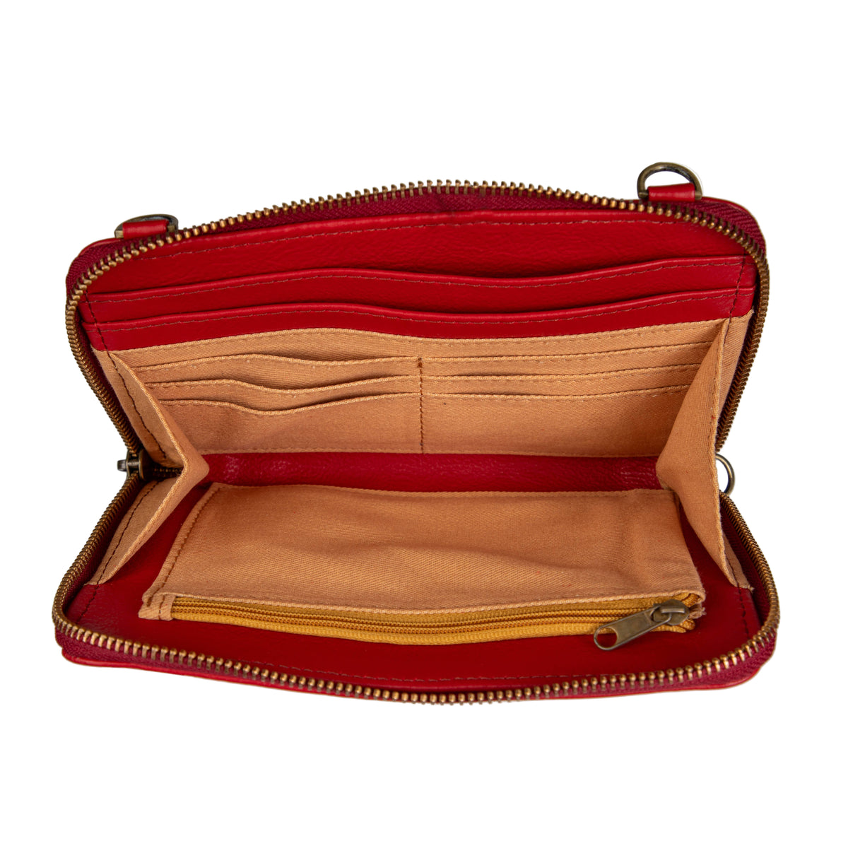 Red leather handbag with open interior on a white background