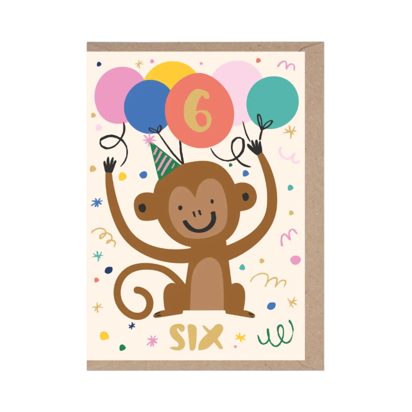 Birthday card with a monkey holding balloons and the number 6, on a white background.