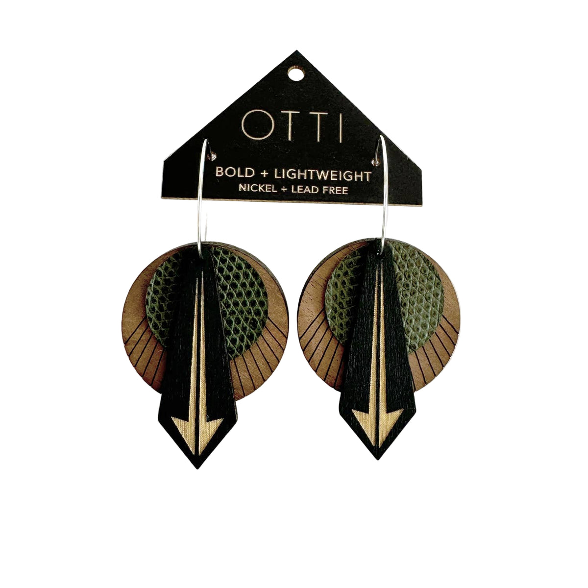 Architectural Leather + Birch earring: Arrow Walnut Olive