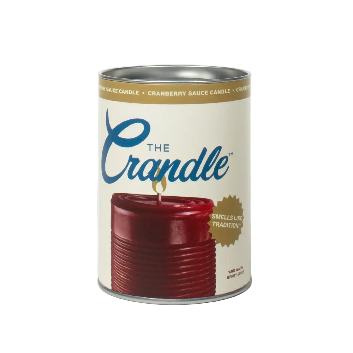 Canister of 'The Crandle' cranberry sauce candle on a white background