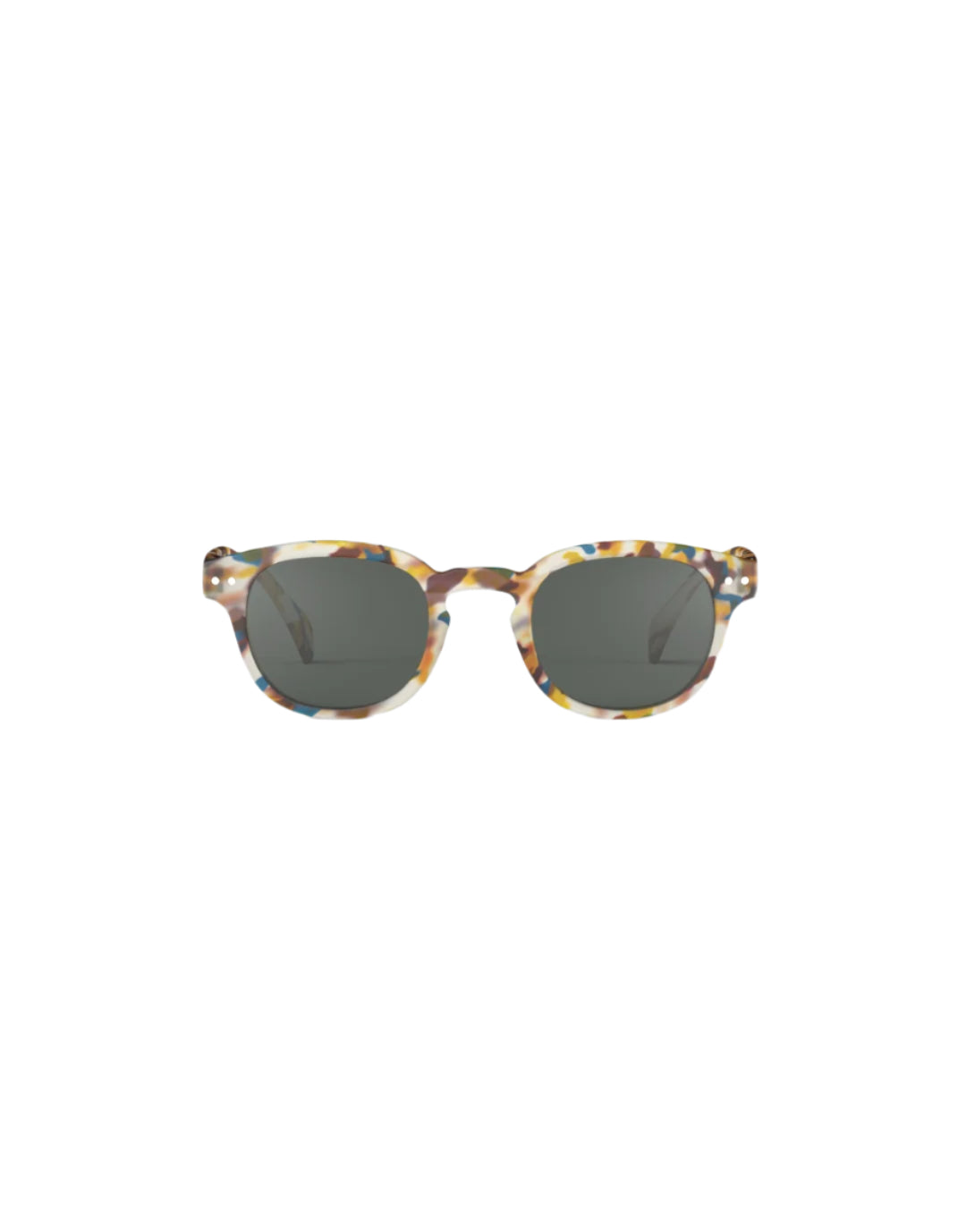 Sunglasses with tortoiseshell frame and dark lenses on a white background