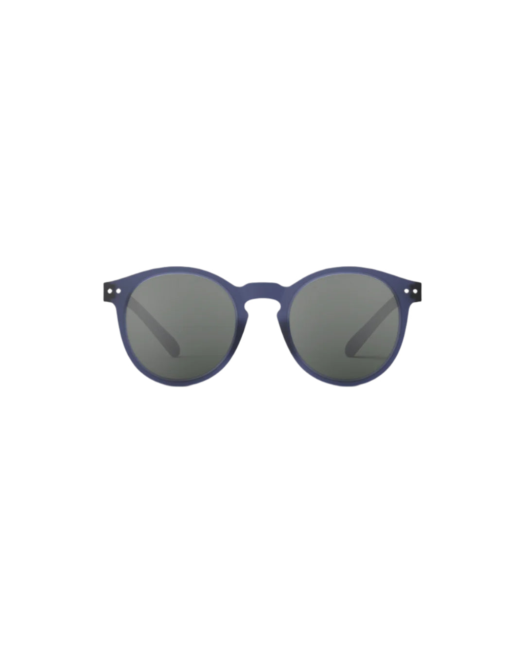 Blue sunglasses with dark lenses on a white background