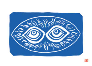 Card with white background and blue print of a pair of eyes.