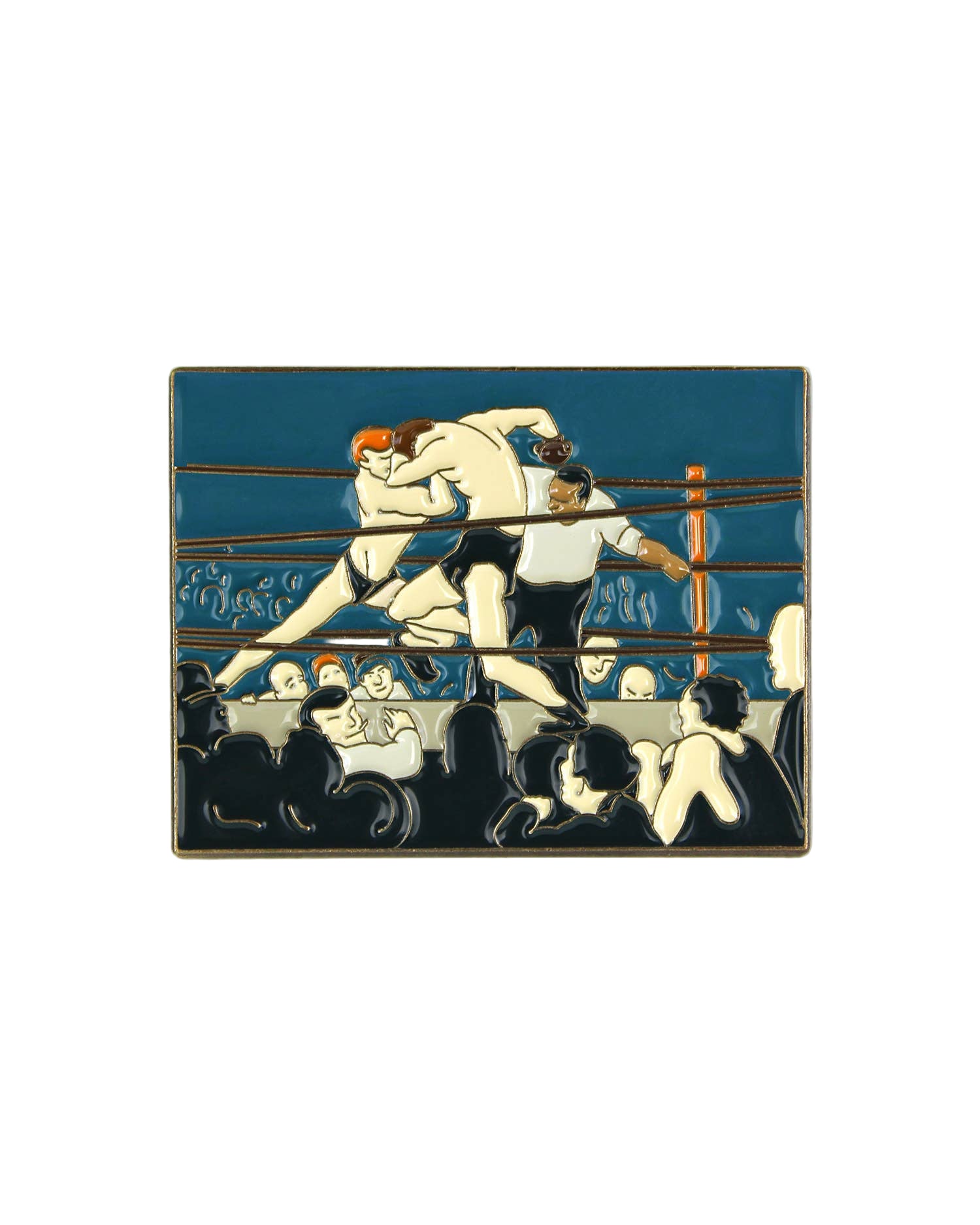 Enamel pin with illustration of two boxers in a boxing ring on a blue background