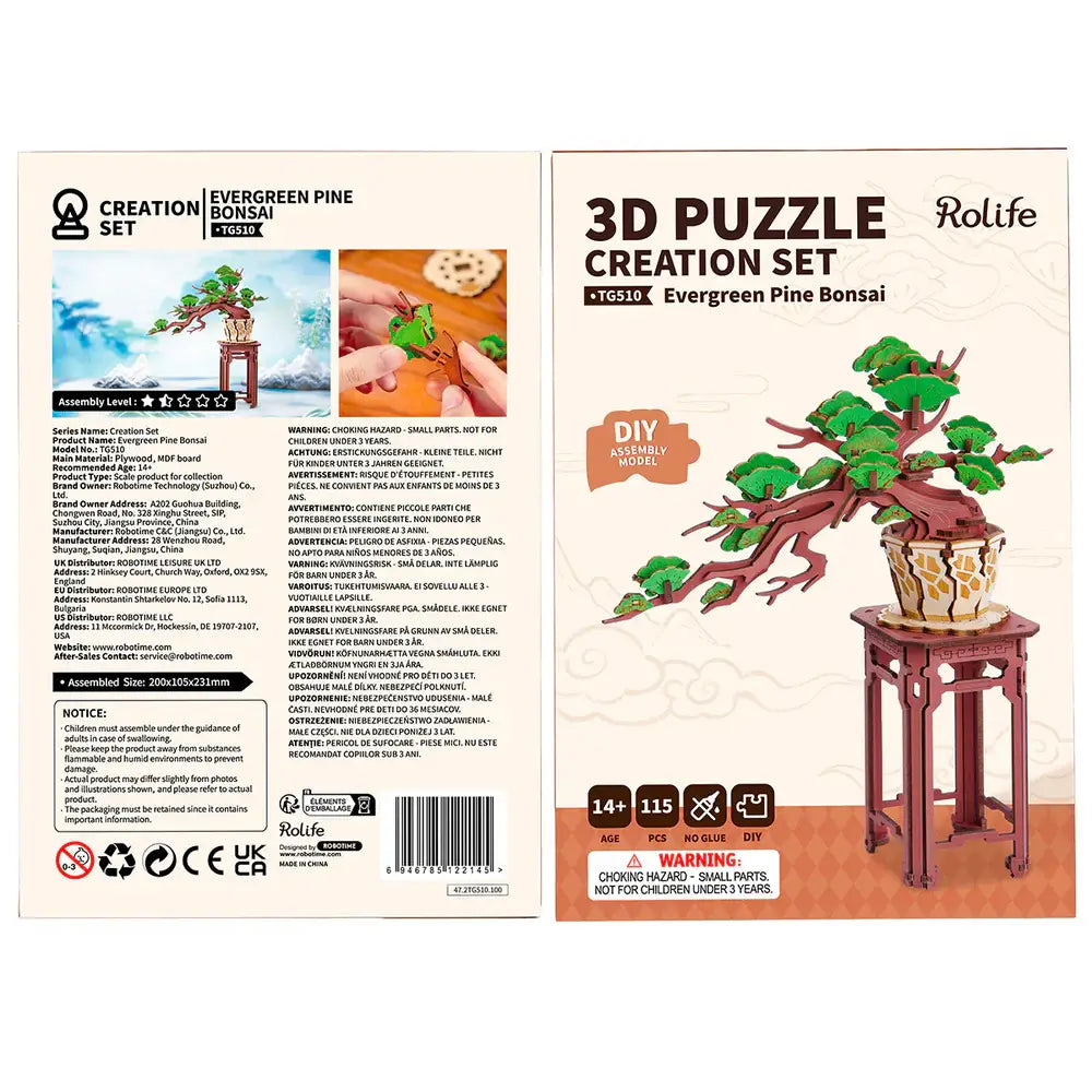 Rolife 3D Puzzle Creation Set packaging with tree and stand illustration