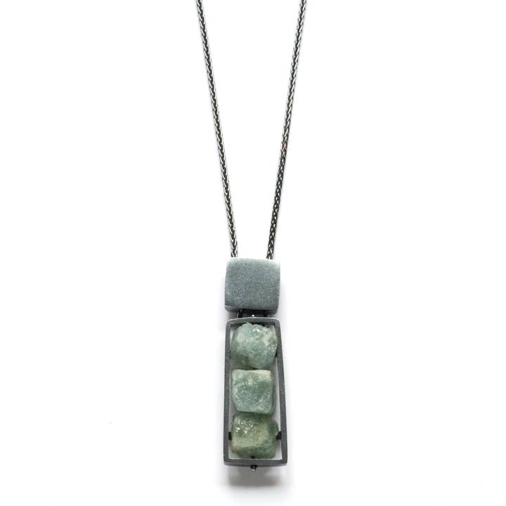 Oxidized Silver Double Cage Necklace With Rough Aquamarine