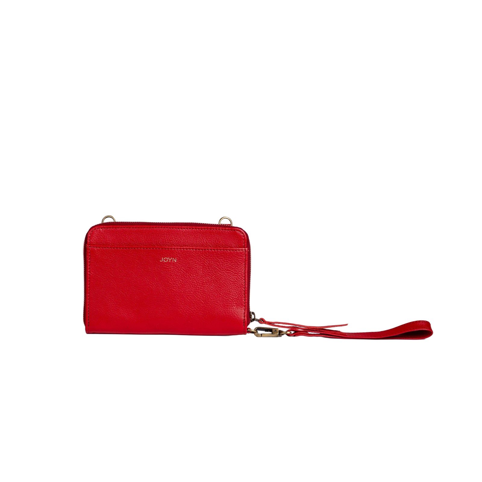 Red wallet with a strap on a white background