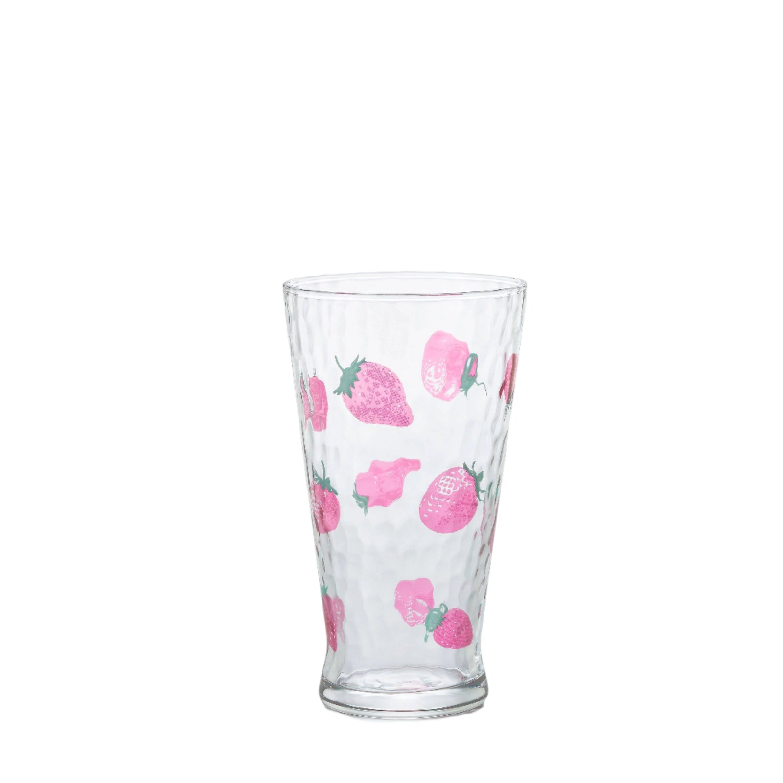 Clear glass with pink strawberry pattern on a white background