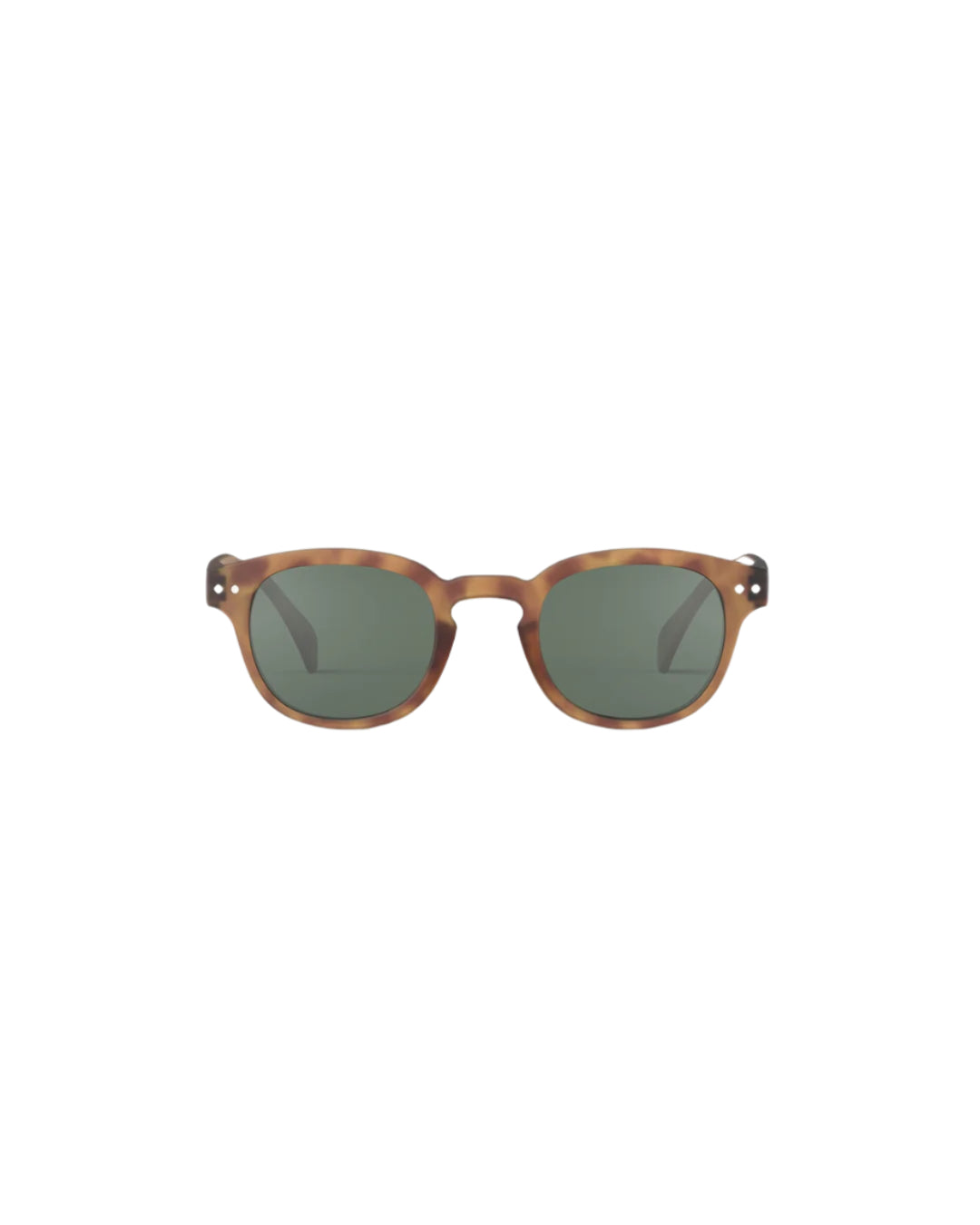 Sunglasses with tortoiseshell frame and dark lenses on a white background