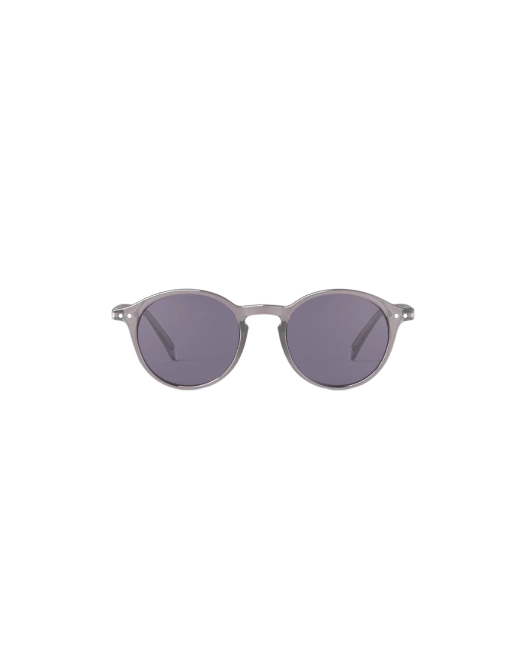 Round sunglasses with a gray frame and dark lenses on a white background