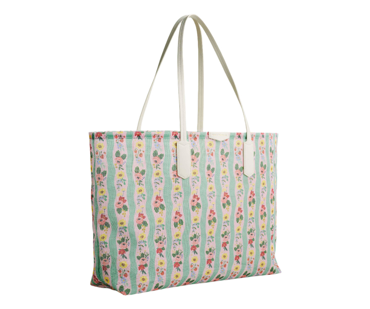 Floral striped tote bag on a white background