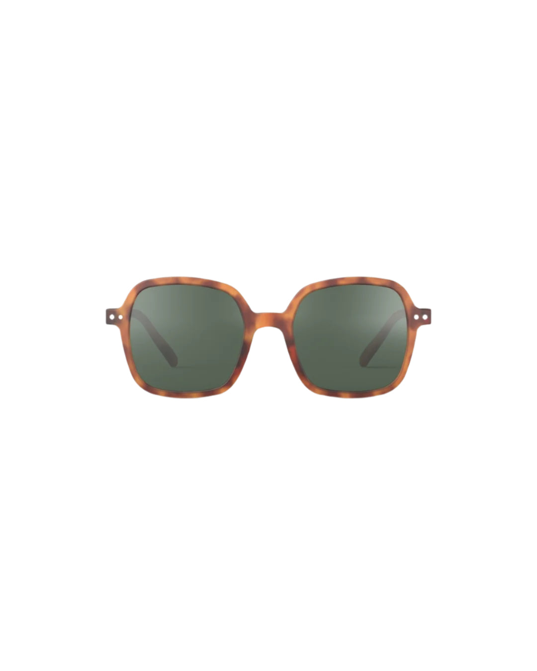 Sunglasses with tortoiseshell frame and dark lenses on a white background