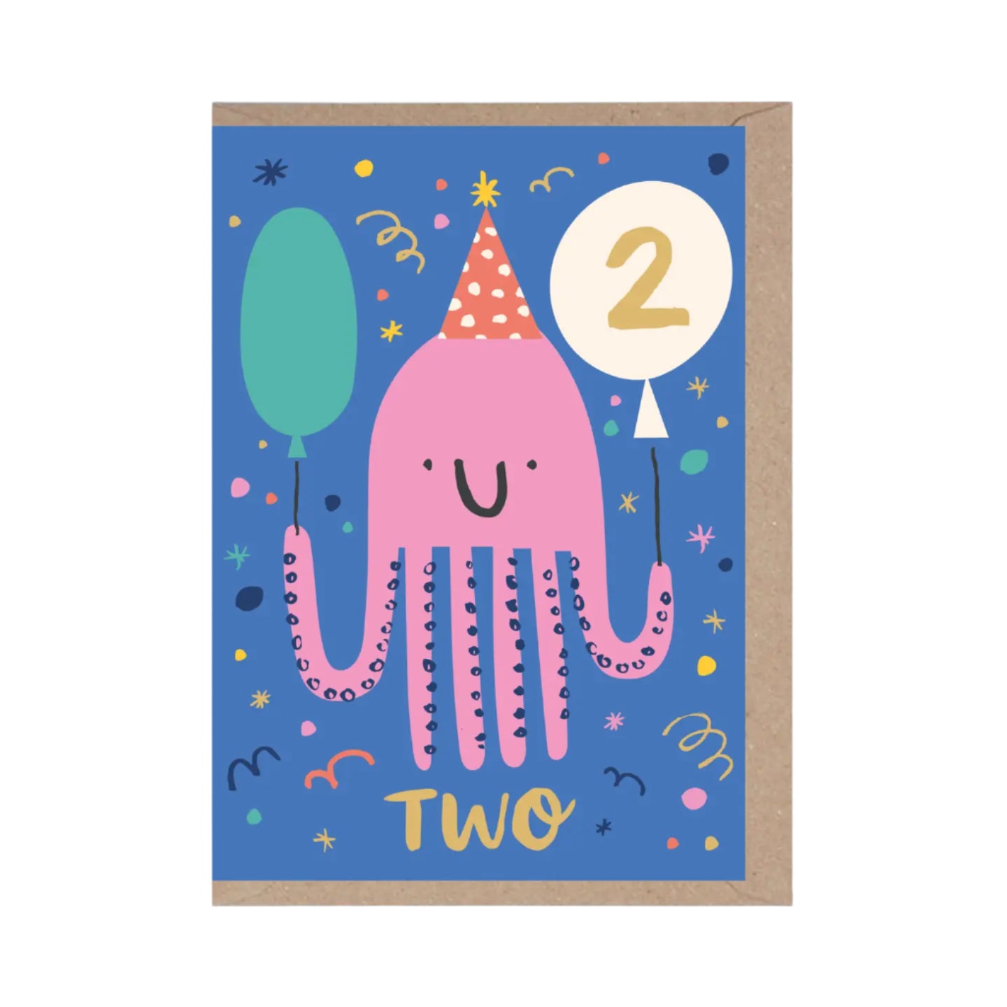 Children's birthday card with a pink octopus, number 2, and balloons on a blue background.