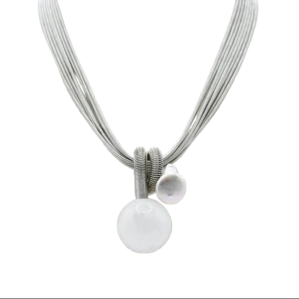 8-Strand Silver Necklace, White Stone Coin Pearl