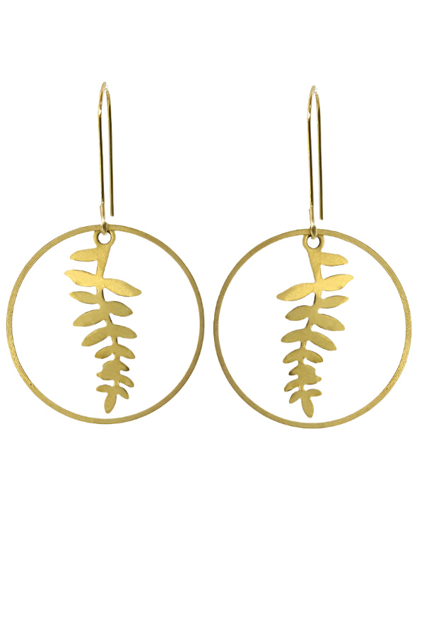 Gold earrings with leaf design on a white background