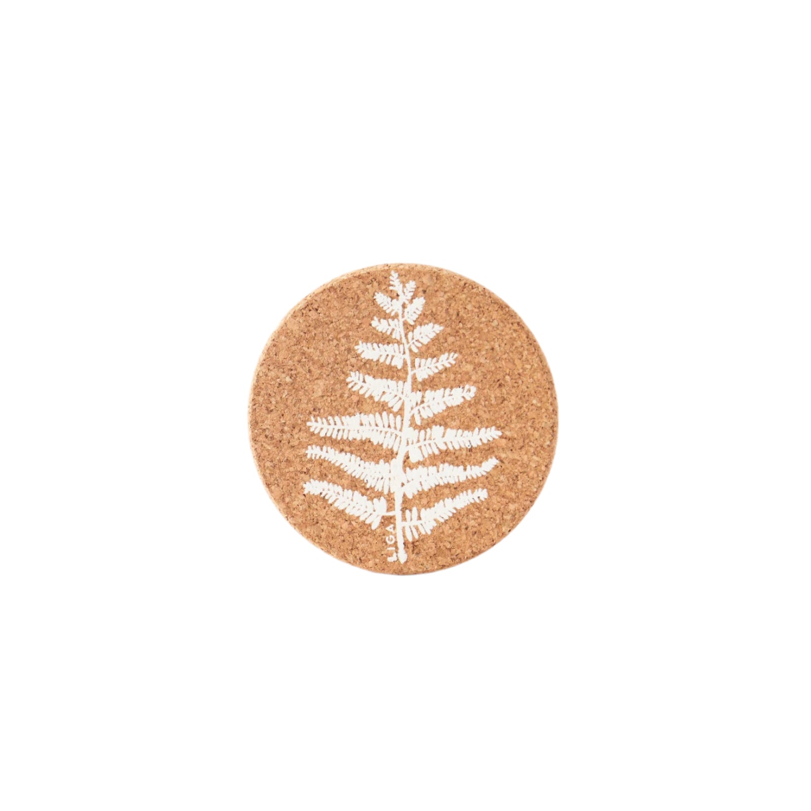 A round cork coaster with a white leaf print in the center, isolated on a white background.