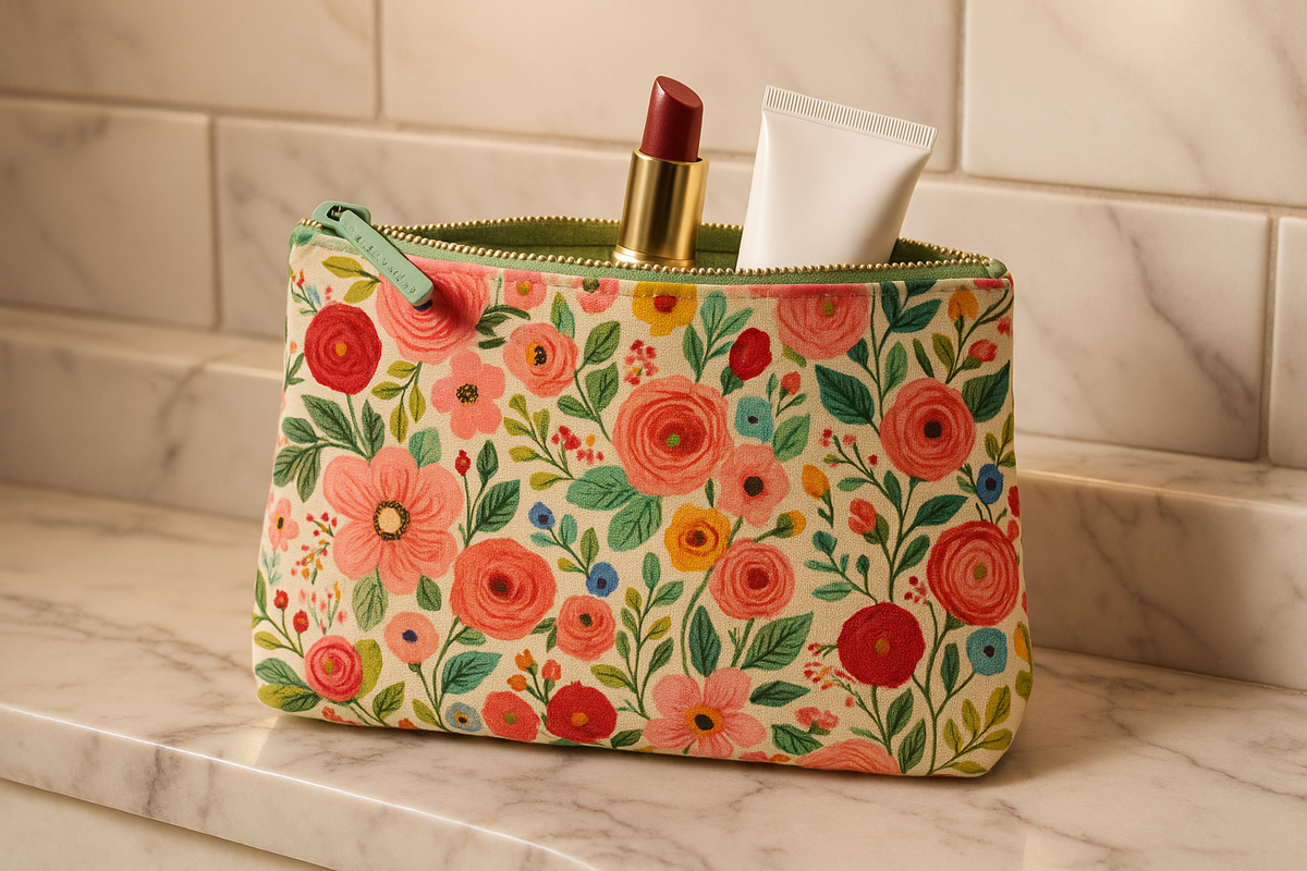 Floral-patterned makeup bag with lipstick and cream on a marble surface