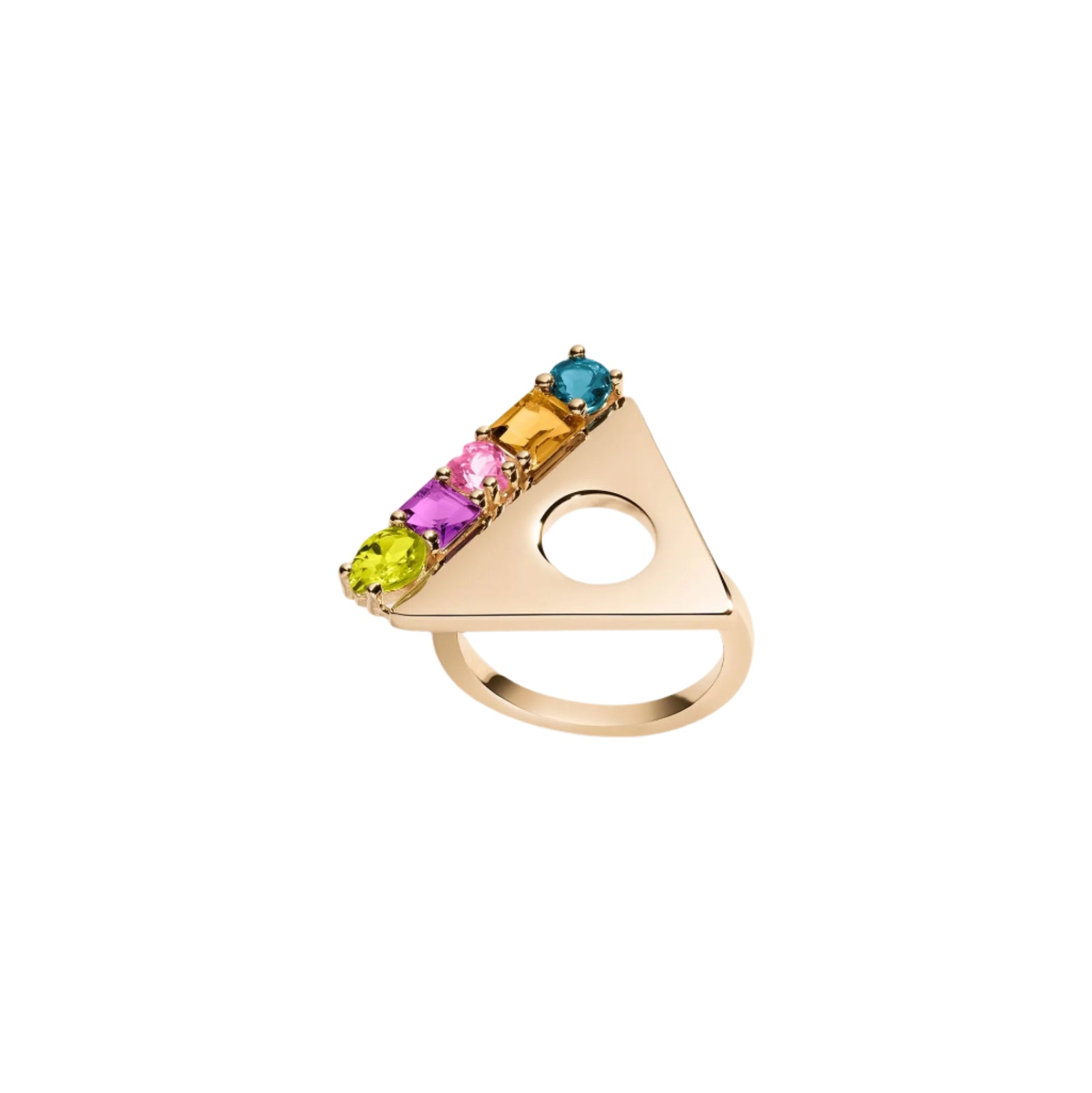 An 18K gold vermeil ring with a triangular design, featuring a series of colorful gemstones including peridot, amethyst, pink topaz, cognac quartz, and London blue topaz.