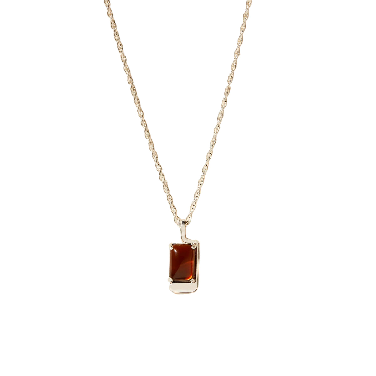 Necklace with a rectangular pendant with brown stone on a white background