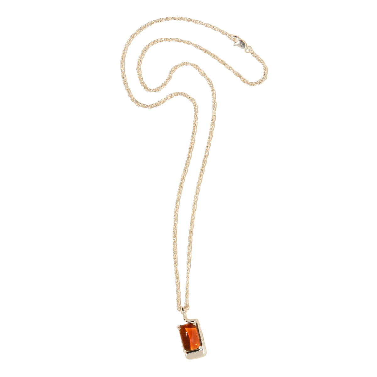 Necklace with a rectangular pendant with brown stone on a white background