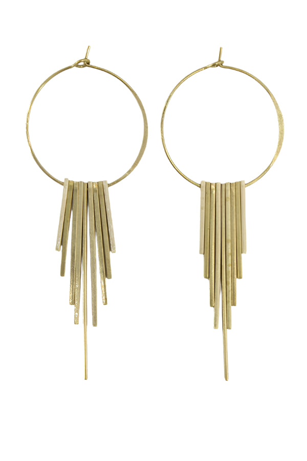 Gold hoop earrings with dangling fringe on a white background